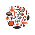 Taste of middle east. . Hand drawn illustration in circle. Traditional cuisine concept. Vector.
