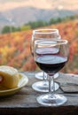Taste of Portugal, fortified port wines and goat and sheep cheeses produced in Douro Valley with colorful terraced vineyards on Royalty Free Stock Photo