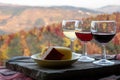 Taste of Portugal, fortified port wines and goat and sheep cheeses produced in Douro Valley with colorful terraced vineyards on Royalty Free Stock Photo