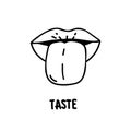Taste scheme concept. Vector flat modern color illustration. Tongue with lips. Mouth tasty sense symbol. Umami, sweet, sour, Royalty Free Stock Photo