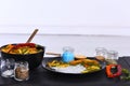 Taste and spicy cuisine concept. Italian dish placed on table