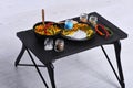 Taste and spicy cuisine concept. Italian dish on table tray