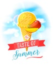 The taste of summer. Bright colorful poster with mango ice cream cone on the sky background.