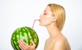 Taste of summer concept. Woman enjoy natural juice. Watermelon cocktail beverage. Girl attractive nude drink fresh juice