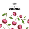 Taste of summer poster design template. Hand drawn sketch colorful cherries.