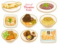 Taste of Taiwan food collection, scallion pancake beef roll, sliced beef, tea egg, stinky tofu wonton, braised pork rice