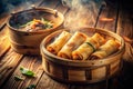 A Taste of Tradition Delicate Crispy Fried Spring Rolls Steaming in a Vintage Bamboo Basket Evoking a Nostalgic Royalty Free Stock Photo