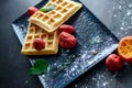 Tasteful Belgian waffles and dried strawberries for breakfast