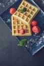 Tasteful Belgian waffles and dried strawberries for breakfast