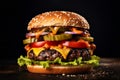 Tasteful burger with beef patty sandwiched with melted cheese and crisp vegetables on black background