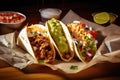 tasteful close-up of trio of tantalizing tacos, burritos, and nachos