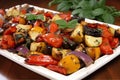 tasteful dish of roasted veggies, drizzle of balsamic glaze Royalty Free Stock Photo