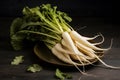 A tasteful presentation of long white radishes in indoor studio