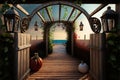 tasteful trellis archway with ropes and lanterns over wooden deck Royalty Free Stock Photo