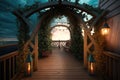 tasteful trellis archway with ropes and lanterns over wooden deck Royalty Free Stock Photo