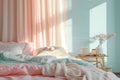 A tastefully decorated bedroom with pink and blue tones, featuring a generously sized bed as the main focal point, A soothing