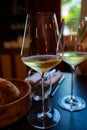 Tasting of Bordeaux white wine in Sauternes, left bank of Gironde Estuary, France. Glasses of white sweet French wine