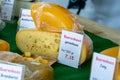 Tasting of cheeses in Dutch cheese farm shop, English translation is Farmers cheese with holes Royalty Free Stock Photo