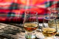 Tasting of different Scotch whiskies on outdoor terrace, dram of whiskey and red tartan