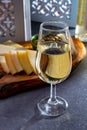 Tasting of fortified Andalusian sherry wine with traditional Spanisch tapas, green olives, goat and sheep manchego cheese Royalty Free Stock Photo