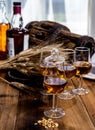 Tasting glasses with aged Scotch whisky or bourbon on old dark wooden vintage table with barley grains Royalty Free Stock Photo