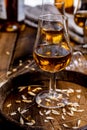 Tasting glasses with aged Scotch whisky or bourbon on old dark wooden vintage table with barley grains Royalty Free Stock Photo