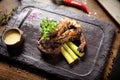 Tasting menu. Beef steak and grilled tiger prawns. Royalty Free Stock Photo