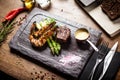 Tasting menu. Beef steak and grilled tiger prawns. Royalty Free Stock Photo