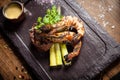 Tasting menu. Beef steak and grilled tiger prawns. Royalty Free Stock Photo