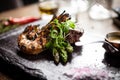 Tasting menu. Beef steak and grilled tiger prawns. Royalty Free Stock Photo