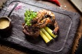 Tasting menu. Beef steak and grilled tiger prawns. Royalty Free Stock Photo