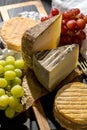 Tasting of oldest french AOC soft pudgent yellow cheese Livarot, Munster and semifirm Tomme french cheeses Royalty Free Stock Photo