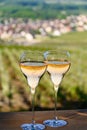 Tasting of premier cru sparkling white wine with bubbles champagne with view on green pinot noir, meunier vineyards of Hautvillers Royalty Free Stock Photo