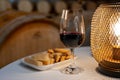 Tasting of rioja wines, visit of winery cellars with french or american oak barrels with agening red wine, Rioja wine making Royalty Free Stock Photo