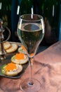 Tasting of rose brut Champagne sparkling wine with red caviar in cellars of gran cru wine house in Epernay, wine tour in Champagne