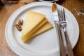 Tasting of Spanish cheeses, manchego curado cheese Royalty Free Stock Photo