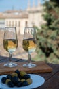 Tasting of Spanish sweet and dry fortified Vino de Jerez sherry wine and olives with view on roofs and houses of old andalusian Royalty Free Stock Photo