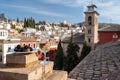 Tasting of Spanish sweet and dry fortified Vino de Jerez sherry wine and olives with view on roofs and houses of old andalusian Royalty Free Stock Photo