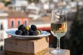 Tasting of Spanish sweet and dry fortified Vino de Jerez sherry wine and olives with view on roofs and houses of old andalusian Royalty Free Stock Photo