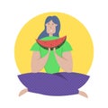 Tasting watermelon flat vector illustration. Girl, holidaymaker sitting in lotus pose enjoys juicy summer dessert