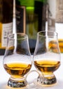 Tasting of whiskey, tulip-shaped tasting glasses with dram of Scotch single malt or blended whisky on white table