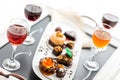 Tasting of wine and pattie chocolate pastries at the chocolate. Royalty Free Stock Photo