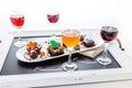 Tasting of wine and pattie chocolate pastries at the chocolate. Royalty Free Stock Photo