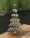 Tasting wine with palette in the form of a pyramid of red, roze and white wines in glasses