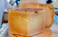 Tasty aged Cantal cheese for sale at farmers market