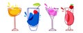 Tasty alcoholic cocktails set. Various colored drinks. Mixed drinks. Bright pink cocktails in glass. Fresh Exotic tropical beach