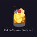 Tasty alcoholic old fashioned cocktail with orange slice, cherry, and lemon peel garnish with ice cubes, isolated on Royalty Free Stock Photo