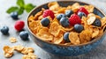 Tasty american breakfast cornflakes with berries, honey on white background, copy space