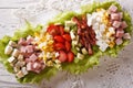 Tasty American Cobb salad close-up on a plate on the table. Hori