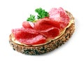 Tasty appetizer of salami on wholewheat bread Royalty Free Stock Photo